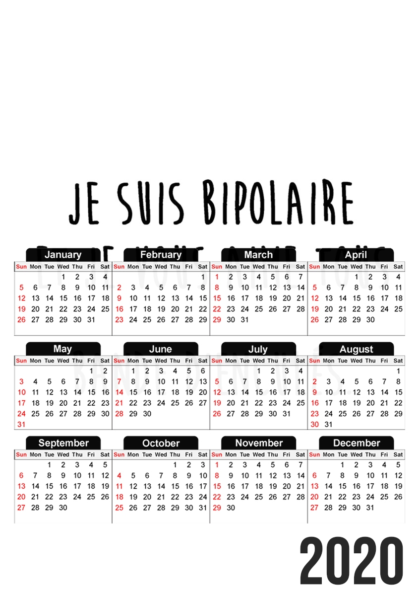 Calendrier Je suis bipolaire et je vous aime tous