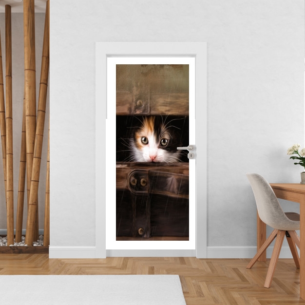 Poster de porte Little cute kitten in an old wooden case