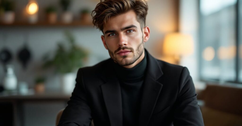 Homme élégant avec une coupe de cheveux à la mode, style contemporain en lumière naturelle