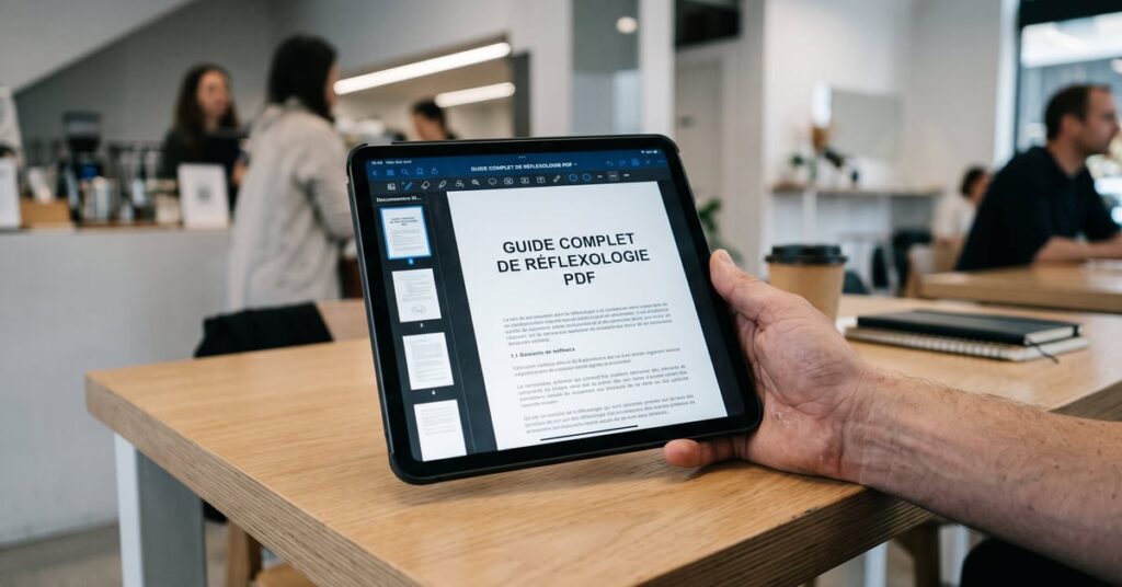 Guide complet de réflexologie en PDF ouvert sur une table, avec carte des zones réflexes des pieds