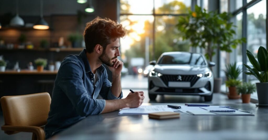 Conducteur consultant le guide d'utilisation complet de sa Peugeot 208 dans un cadre moderne