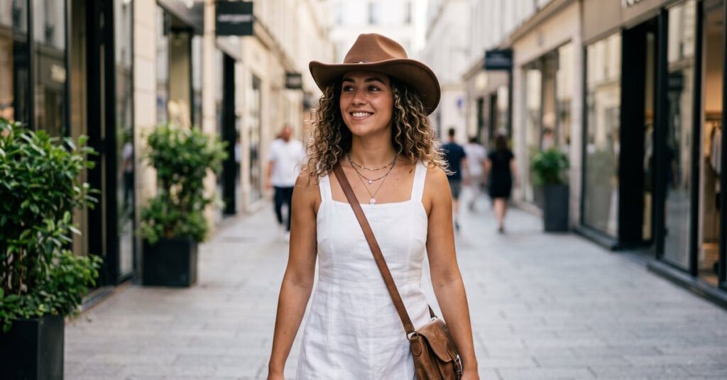 Chapeau de cowboy tendance été 2025 porté avec un look estival moderne et stylé