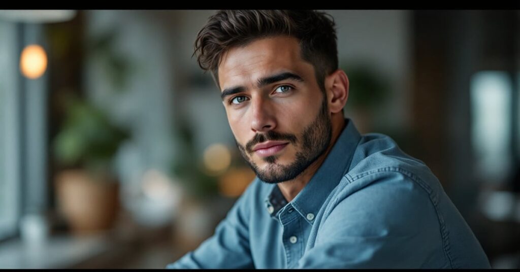 Beau homme au regard confiant, incarnant l'attractivité masculine naturelle et moderne