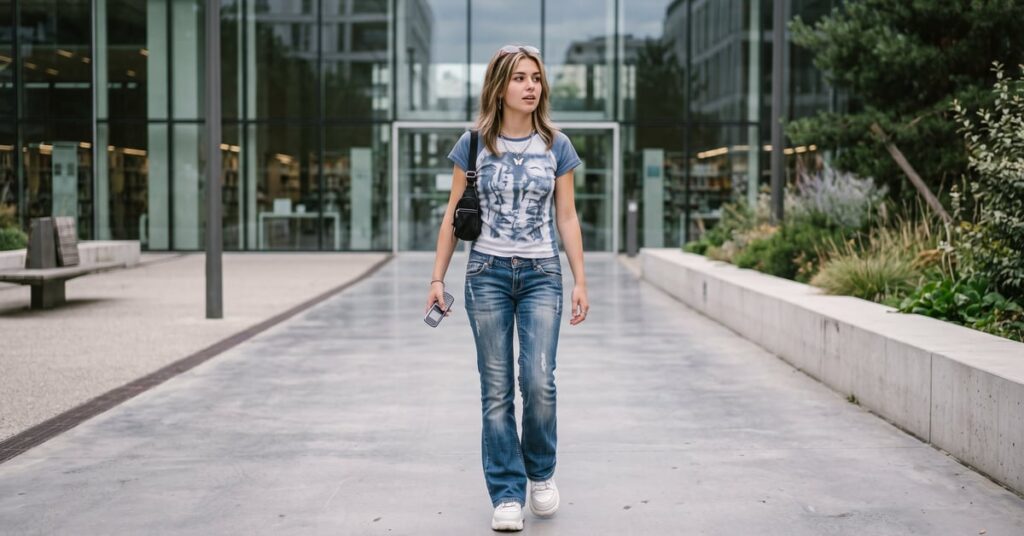 Style année 2000 : tenue Y2K tendance avec jean taille basse, top brillant et accessoires iconiques des années 2000