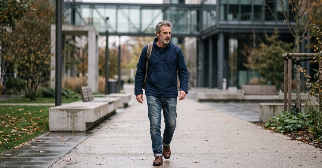 Vareuse homme moderne portée avec style, coupe ajustée et tissu texturé, tenue casual chic